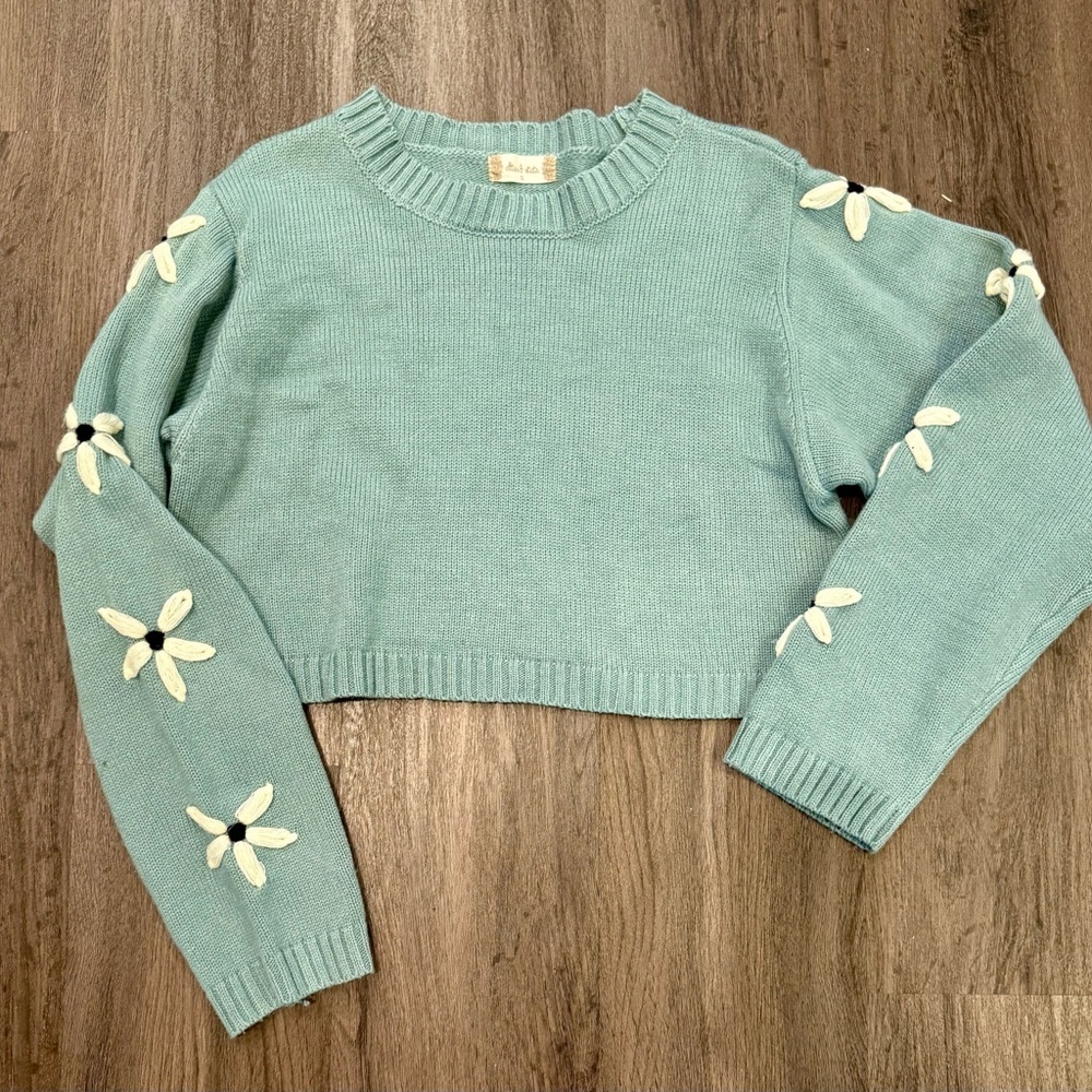 Altar'd State Teal Sweater with Cream Floral Details